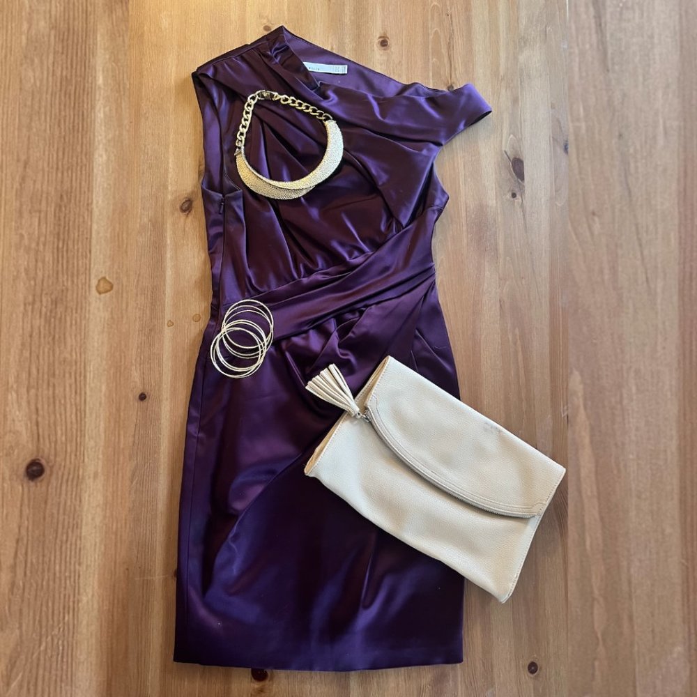 KAREN MILLEN Satin Off Shoulder Draped Sheath Dress 8 (runs small)